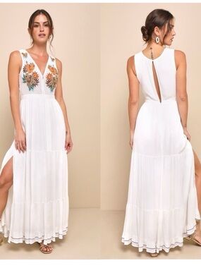 Lulu's White Embroidered V-Neck Maxi Dress